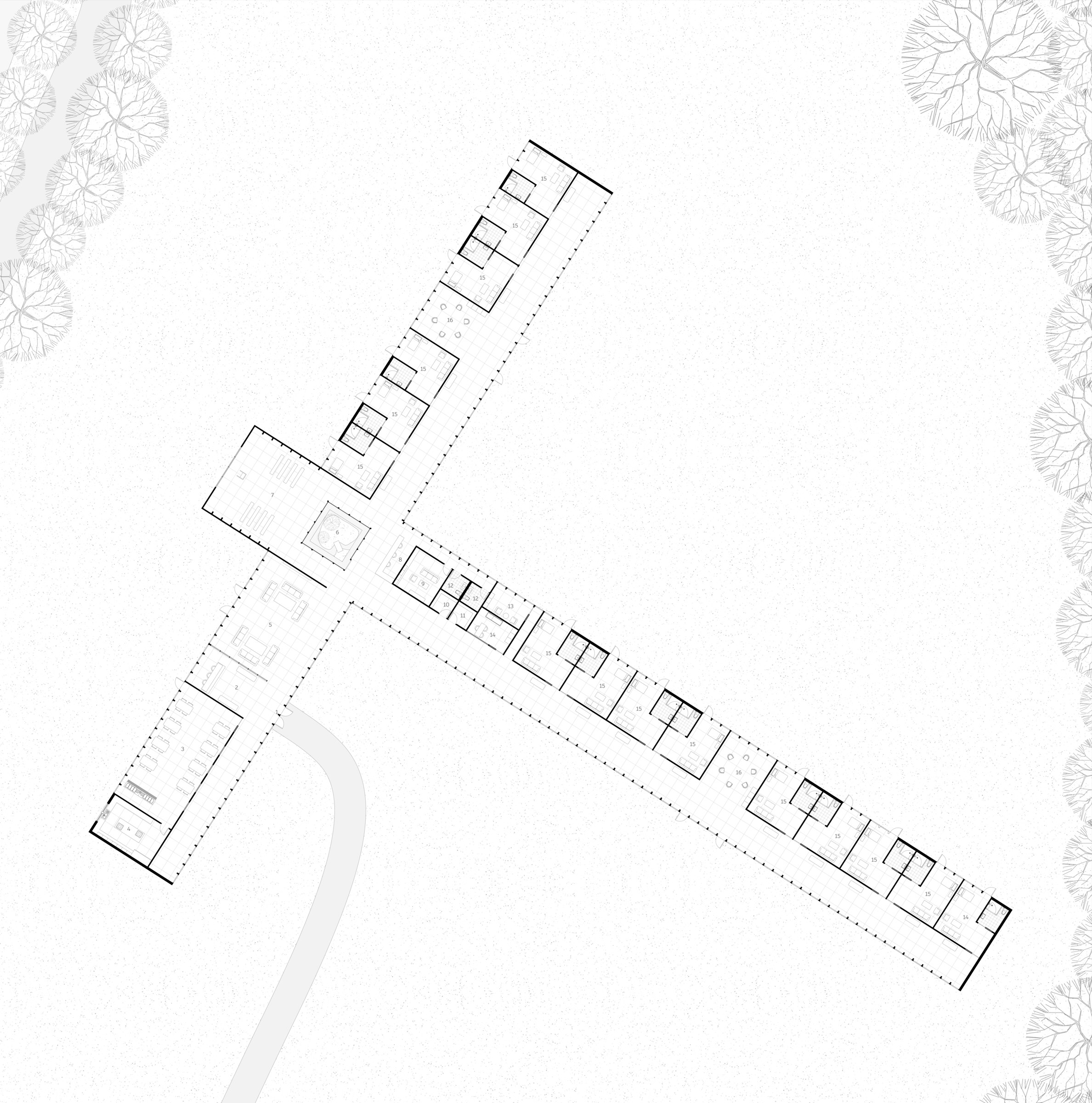1. Entrance  2. Reception  3. Shared Dining  4. Shared Kitchen  5. Lounge  6. Courtyard  7. Chapel  
8. Nursing Station  9. Break Room  10. Storage  11. Supply Room  12. Restrooms  13. Private Therapy Room  14. Doctors Office  15. Patient Room  16. Group Therapy Space