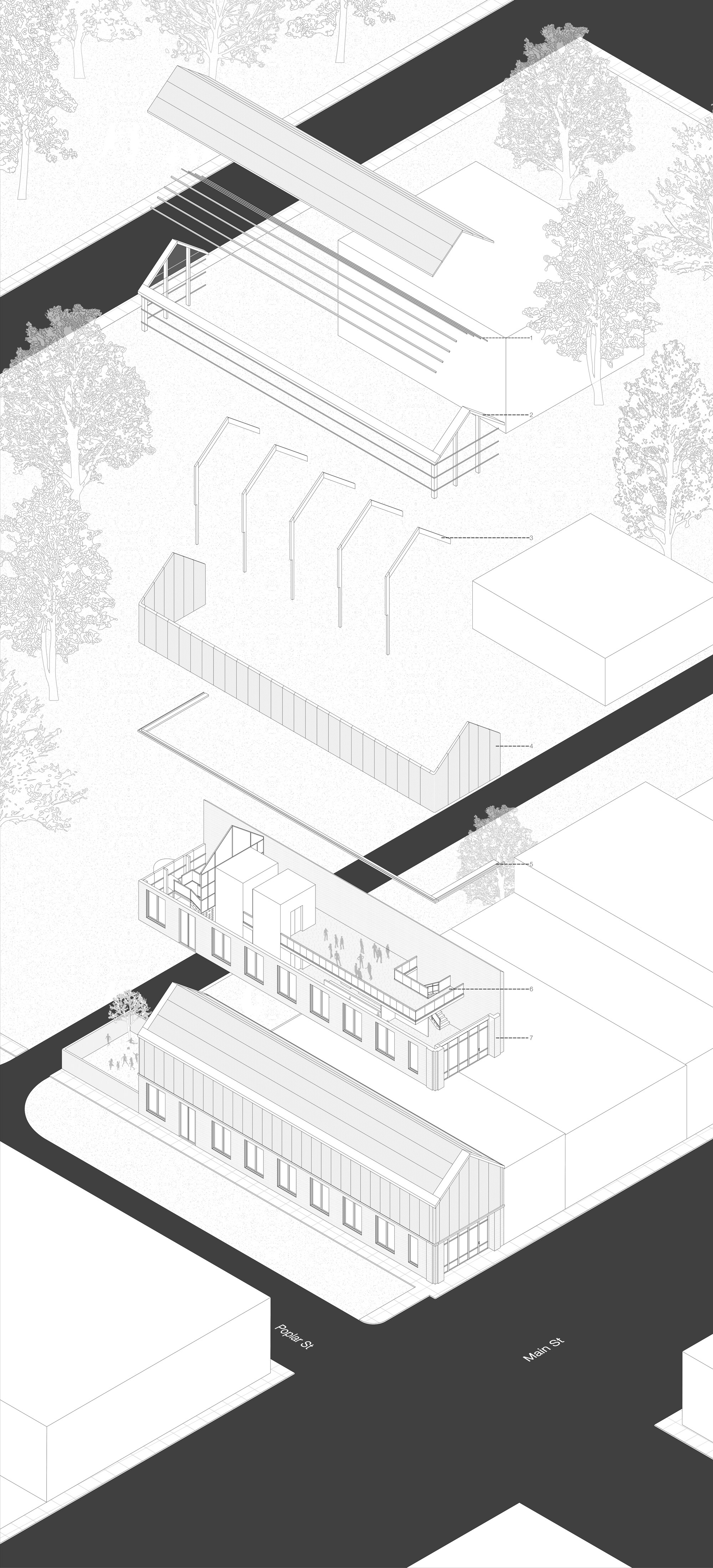 1. Purlin  2. Lightweight Steel Frame  3. Primary Structural Ribs  4. Polycarbonate Panels  5. Steel Rail 
6. Community Spine Platform  7. Retained Masonry Wall