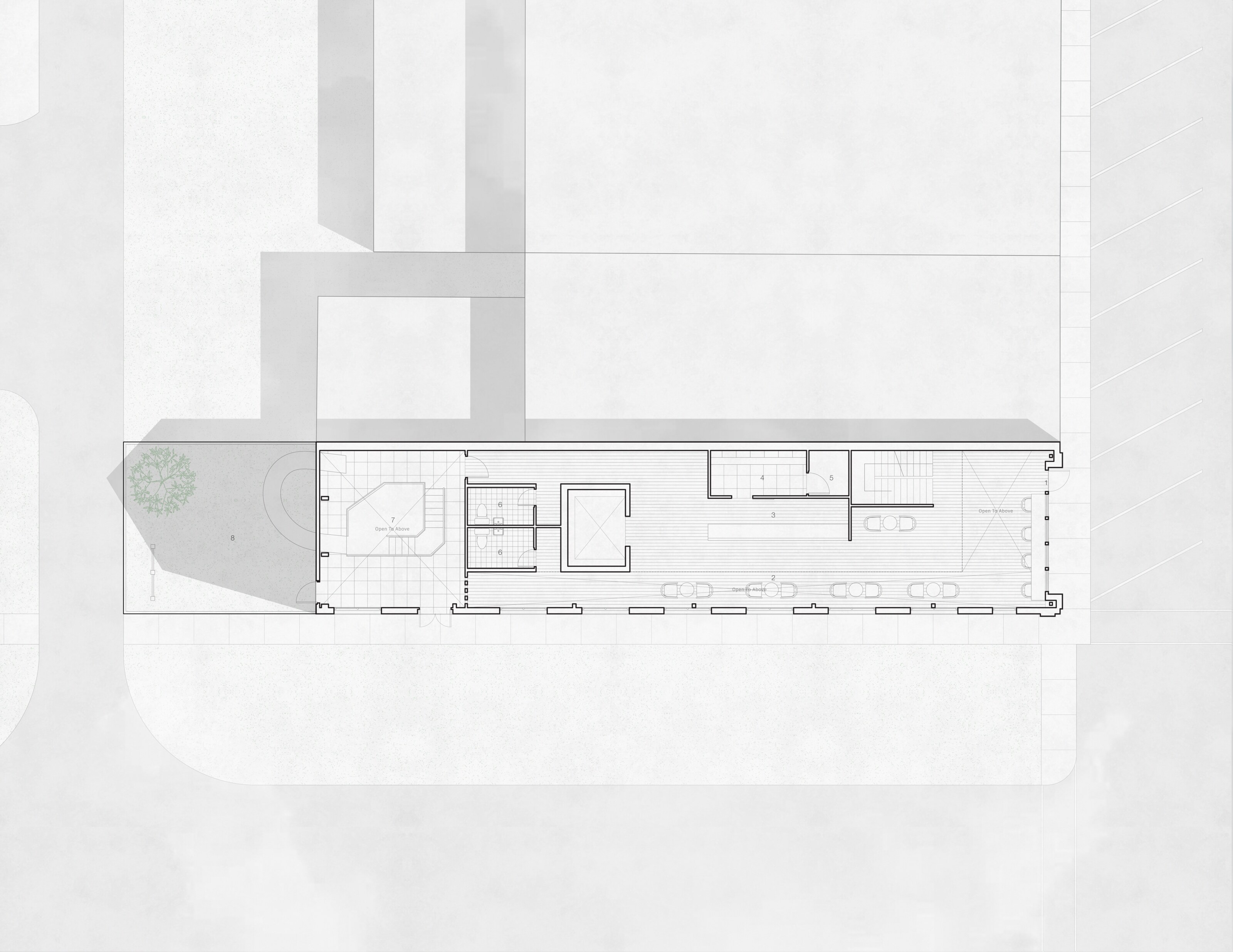 Ground Floor — 1. Entrance  2. Cafe  3. Service  4. Kitchen  5. Storage  6. Restrooms  7. Indoor Play Area 
8. Outdoor Play Area