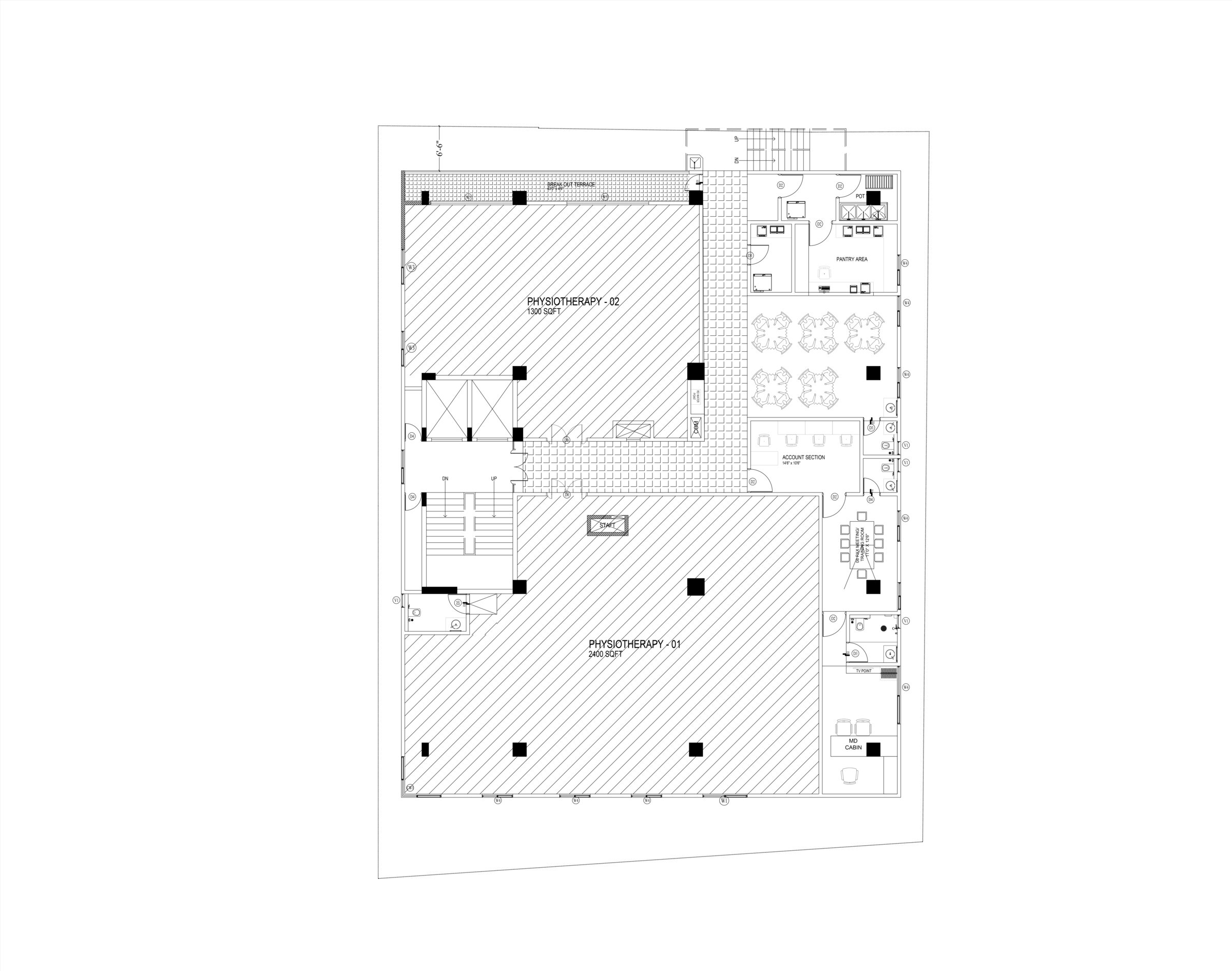 Physiotherapy + Administration Floor — Physiotherapy 01 & 02, account section, pantry