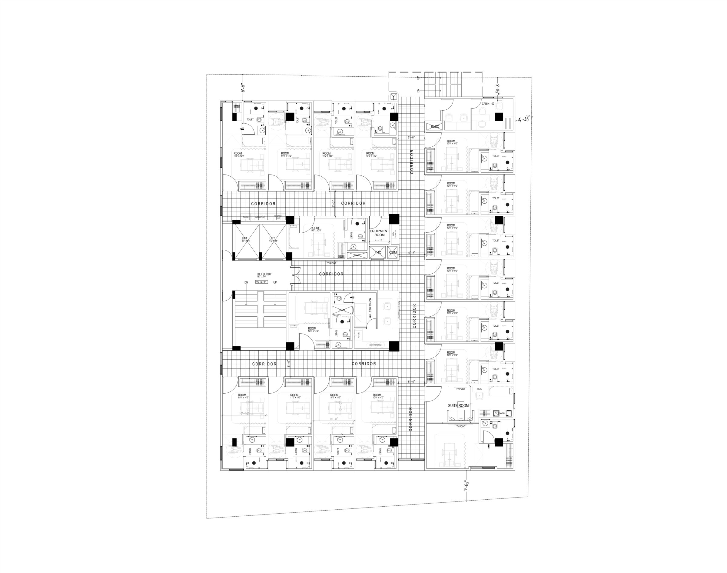 Patient Rooms Floor — corridors organising recovery suites and support spaces