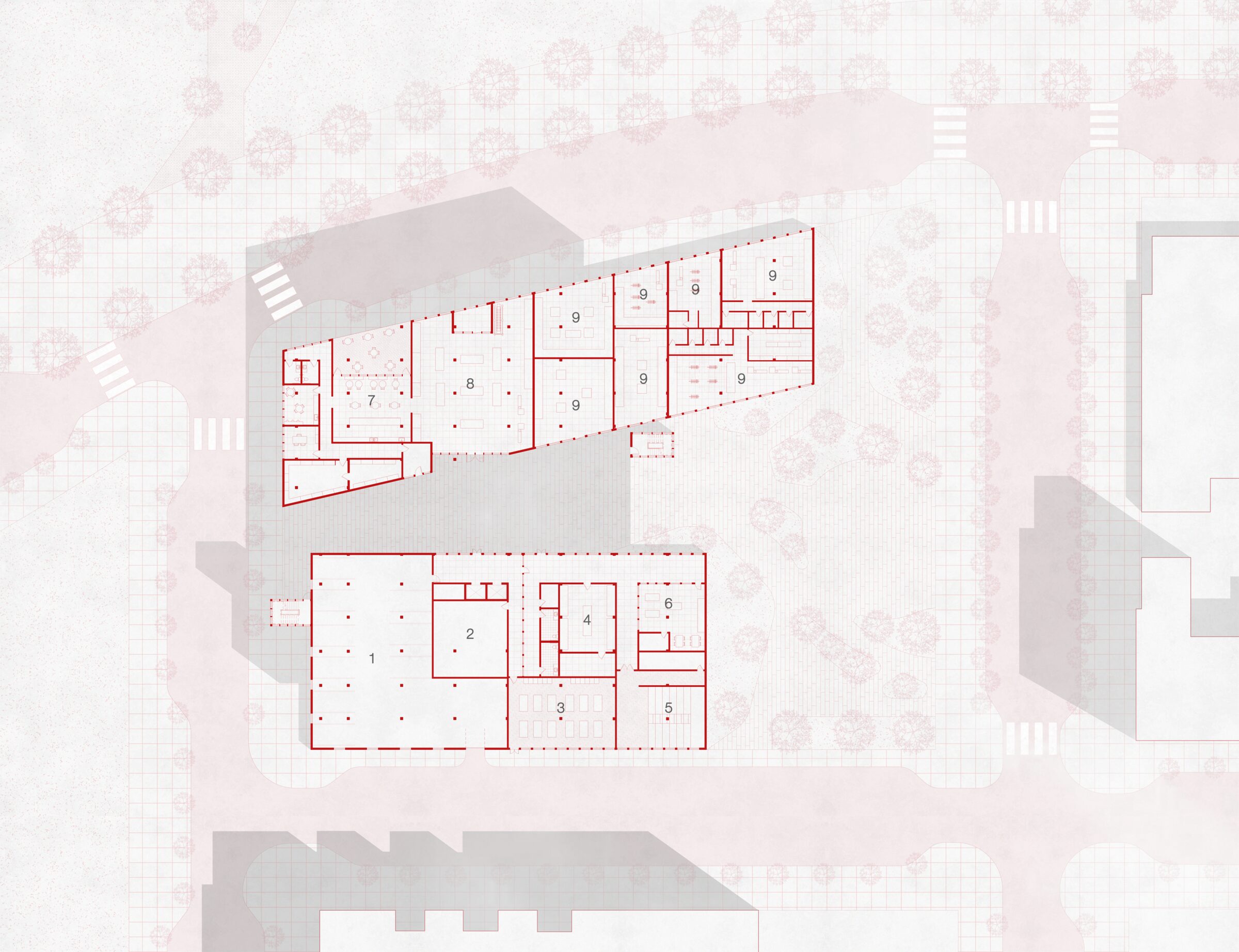 Ground floor — 01 Parking  02 Water Treatment  03 Yoga / Wellness  04 Bike Repair  05 Movie Lounge  06 Wood Working  07 Coffee Shop  08 Grocery  11 Retail  12 Plaza