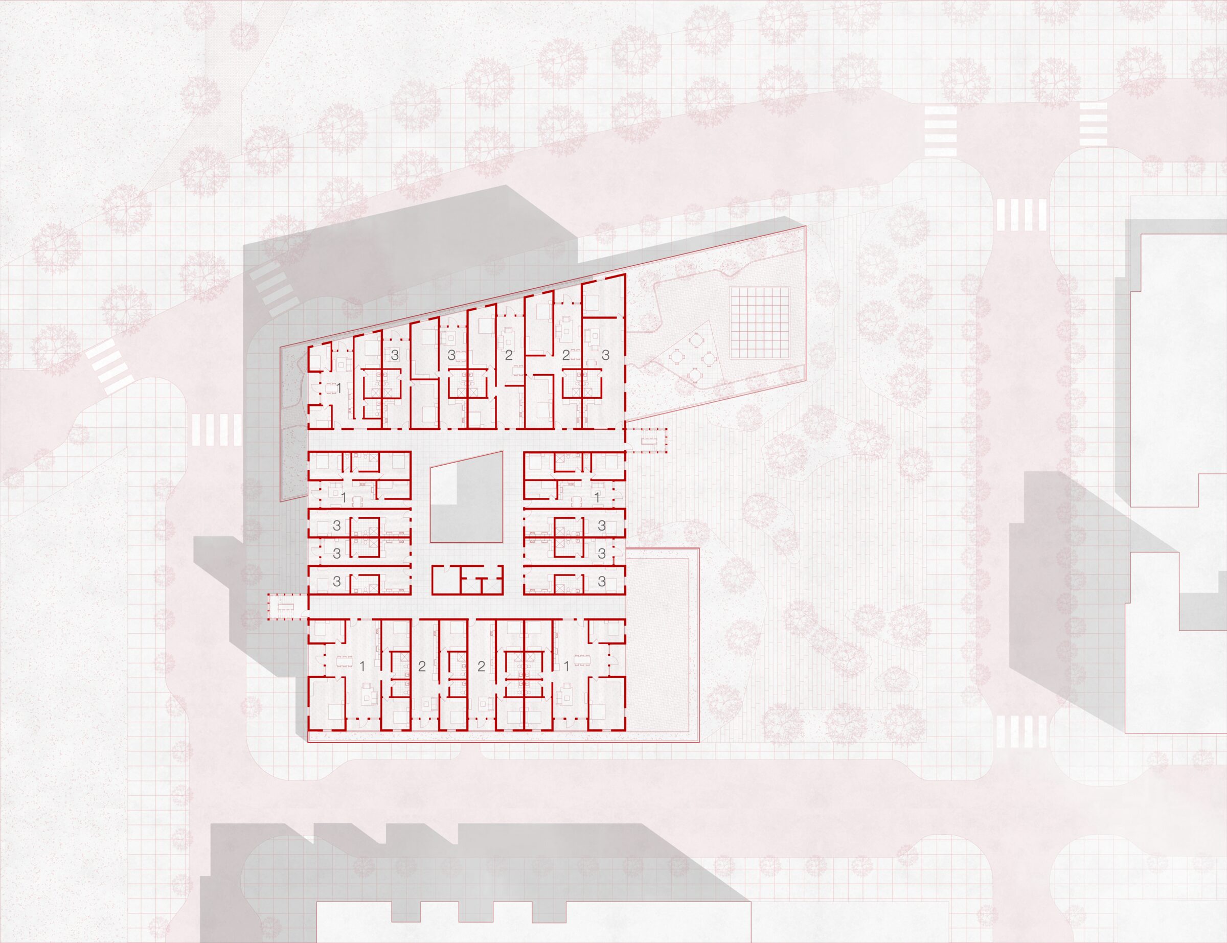 Typical housing floor — 01 Family Units  02 Double Bed  03 Single Bed