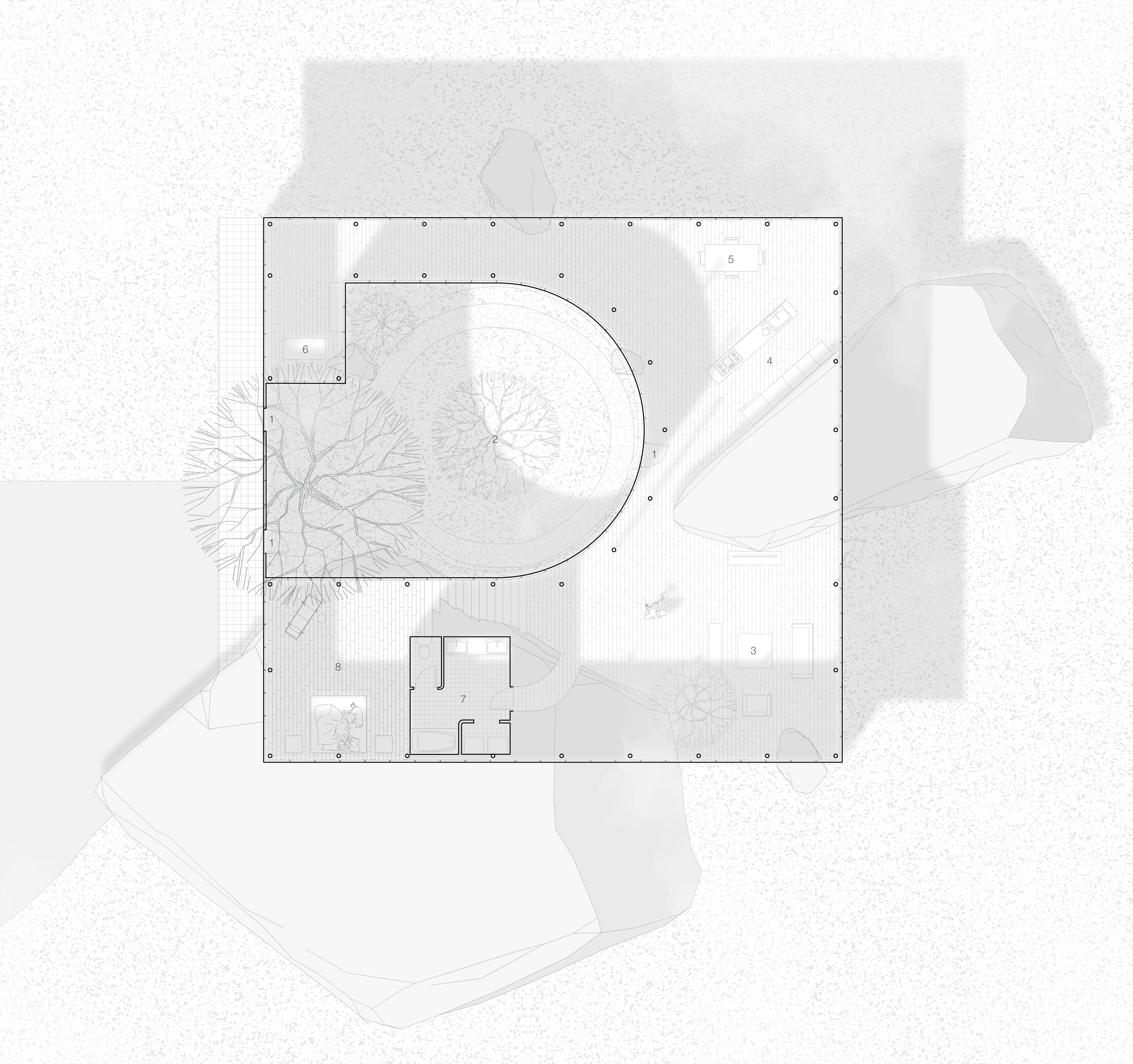 1. Entrance  2. Entry Courtyard  3. Living  4. Kitchen  5. Dining  6. Work Space  7. Bathroom  8. Bedroom